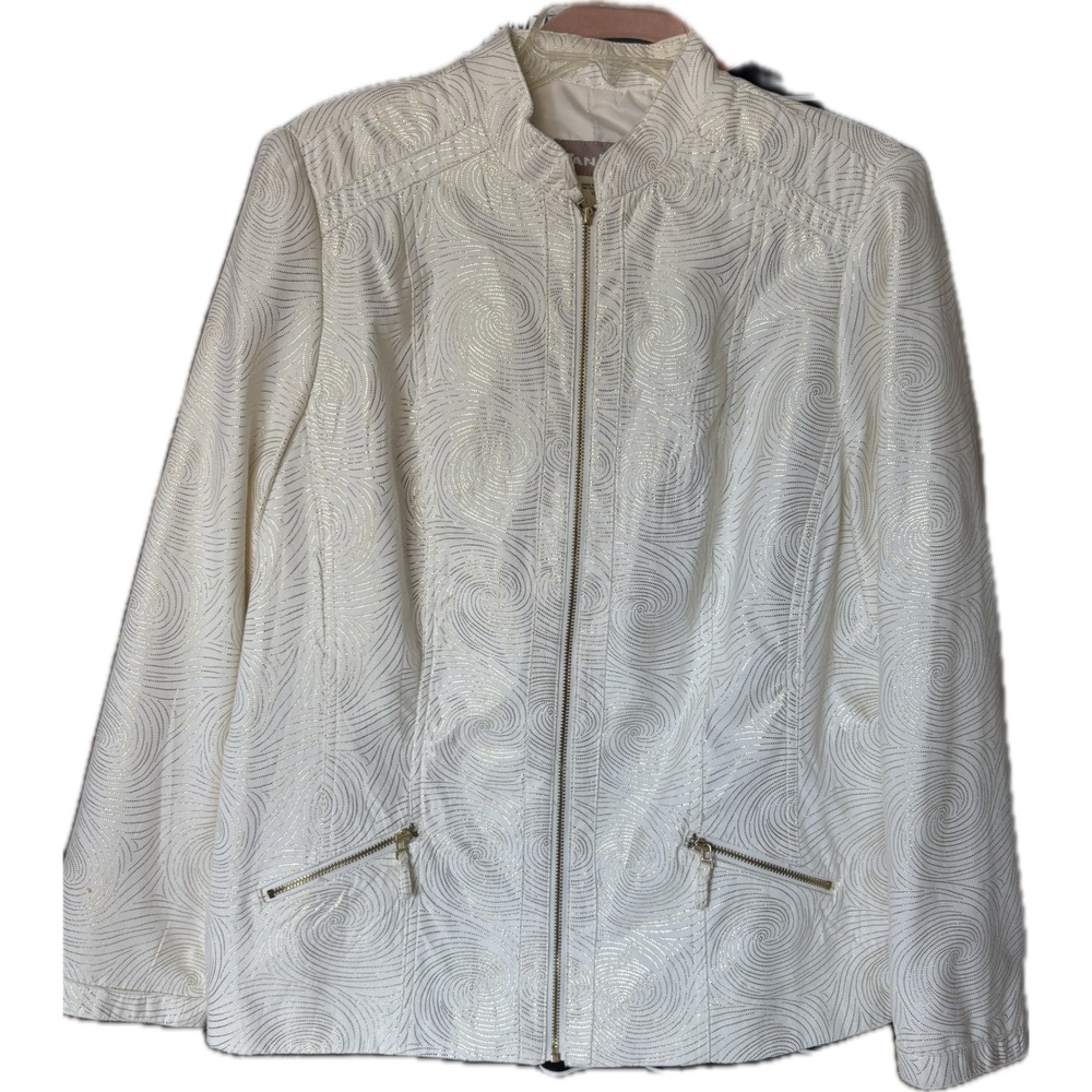 Tanjay Womens White Gold Metallic Swirl Zip Front Jacket Mock Neck Size 16